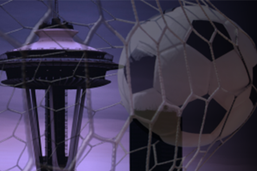 Seattle Space Needle with a soccer ball in a net