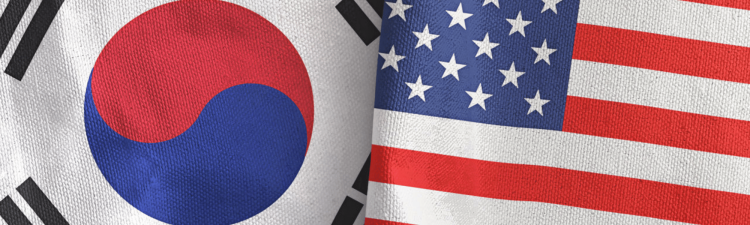 United States and South Korea two flags textile cloth 3D rendering