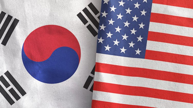 United States and South Korea two flags textile cloth 3D rendering