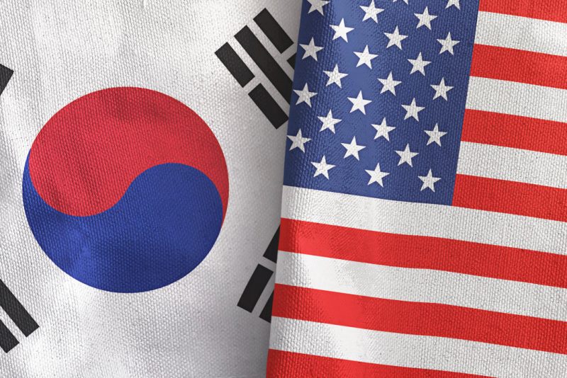 United States and South Korea two flags textile cloth 3D rendering