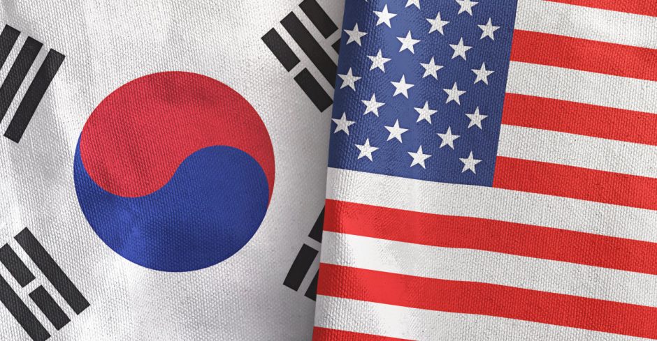 United States and South Korea two flags textile cloth 3D rendering