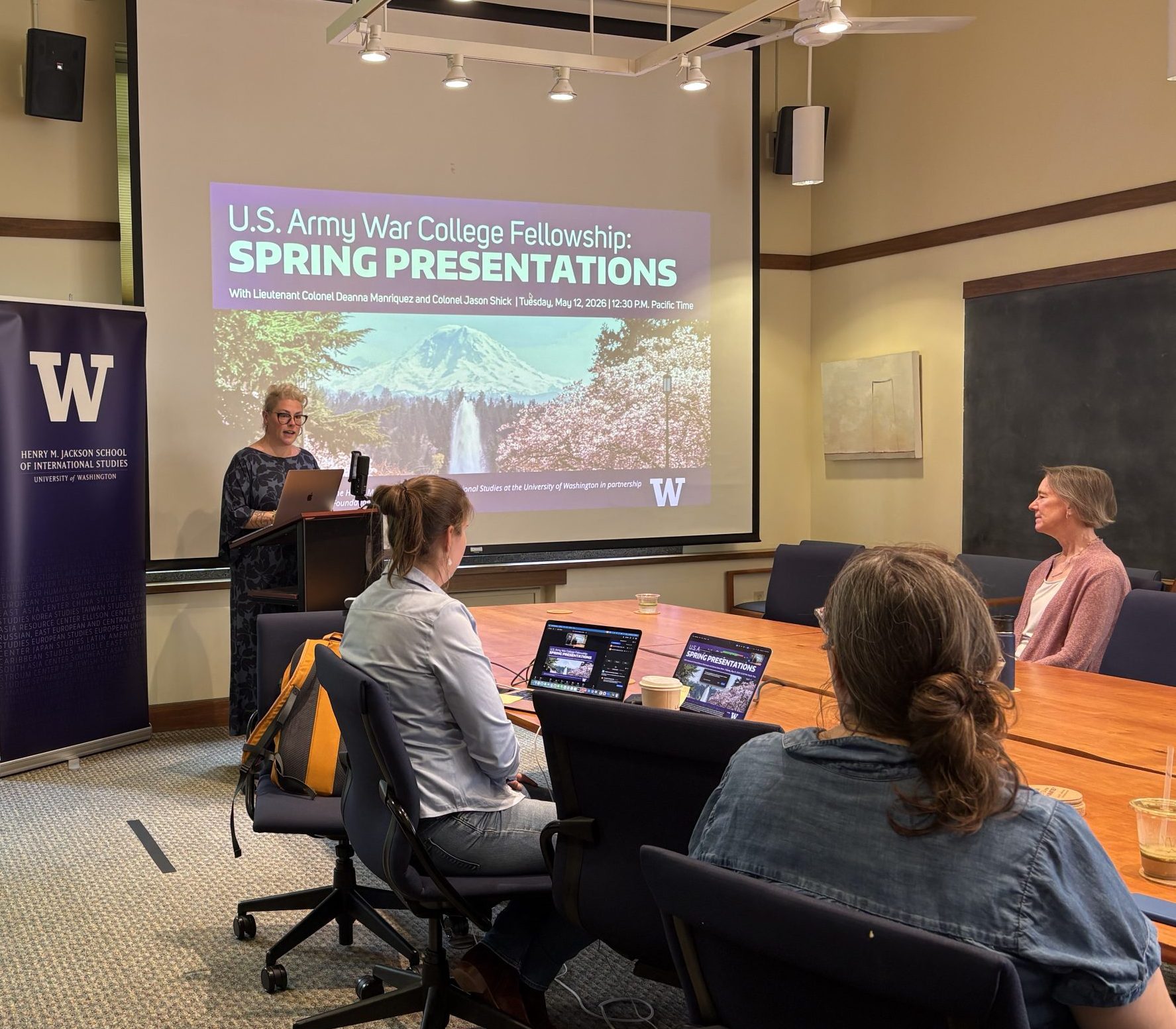 The Army War College Fellowship program coordinator Abby E. Murray gives opening remarks during the May 12, 2026 spring presentations.
