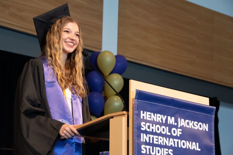 Jackson Leadership Award recipient Nora VanRees gives a speech during the 2026 Jackson School Spring Convocation.