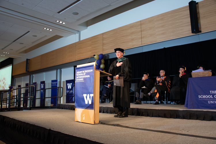 Professor Reşat Kasaba gives the keynote speech during the June 13 Jackson School Spring Convocation.