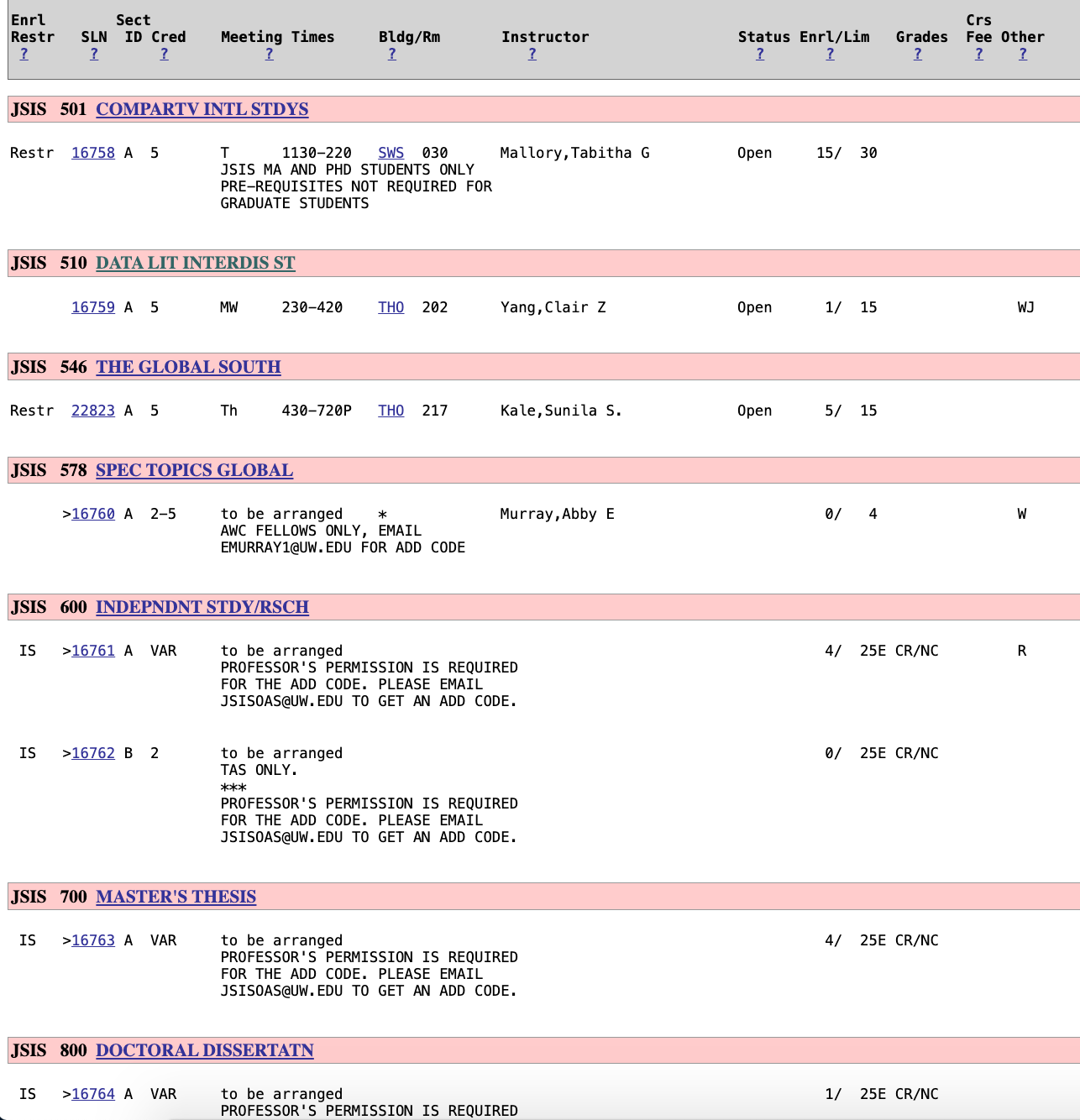 JSIS graduate courses on Time Schedule